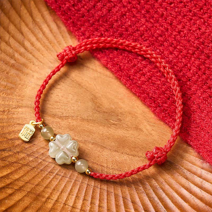 Buddha Stones Natural Hetian Jade Four-leaf Clover Fu Character Luck Red String Bracelet - image 2
