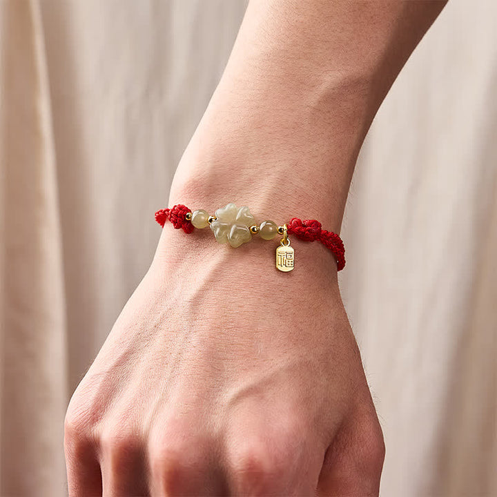 Buddha Stones Natural Hetian Jade Four-leaf Clover Fu Character Luck Red String Bracelet - image 4