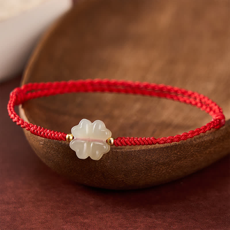 Buddha Stones Natural Hetian Jade Lucky Four-leaf Clover Bracelet - Red (Wrist Circumference: 7.1 in/18 cm) - image 0