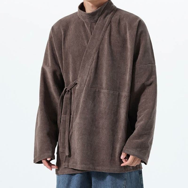 Buddha Stones Fall Winter Casual Tang Style Mandarin Collar Solid Men's Kimono With Pocket - image 3