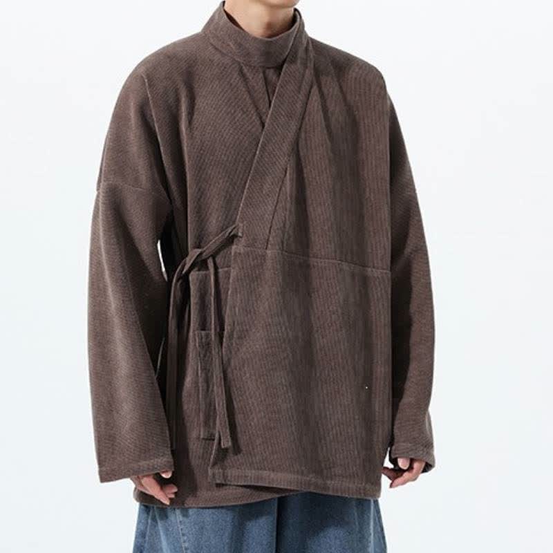 Buddha Stones Fall Winter Casual Tang Style Mandarin Collar Solid Men's Kimono With Pocket - image 6
