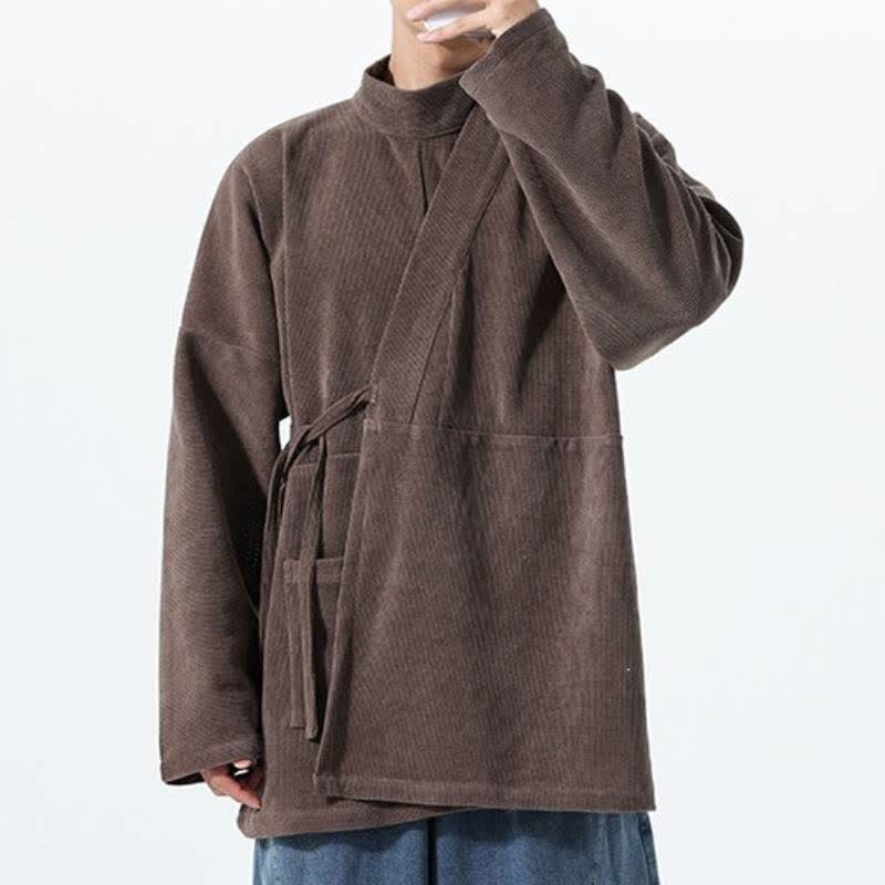 Buddha Stones Fall Winter Casual Tang Style Mandarin Collar Solid Men's Kimono With Pocket - image 5