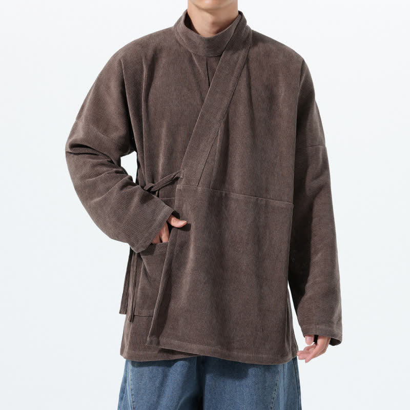 Buddha Stones Fall Winter Casual Tang Style Mandarin Collar Solid Men's Kimono With Pocket - image 1