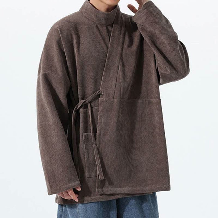 Buddha Stones Fall Winter Casual Tang Style Mandarin Collar Solid Men's Kimono With Pocket - image 2