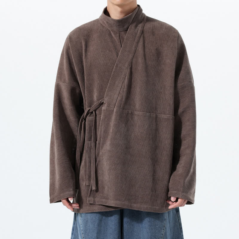 Buddha Stones Fall Winter Casual Tang Style Mandarin Collar Solid Men's Kimono With Pocket - SaddleBrown - US/UK/AU46，EU56 (5XL) - image 0