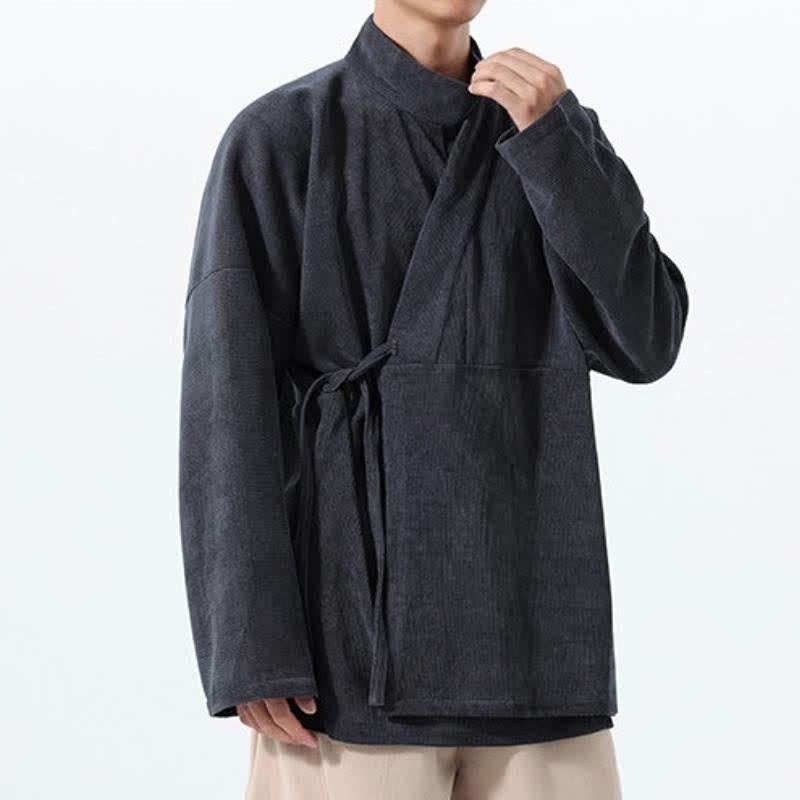 Buddha Stones Fall Winter Casual Tang Style Mandarin Collar Solid Men's Kimono With Pocket - image 8