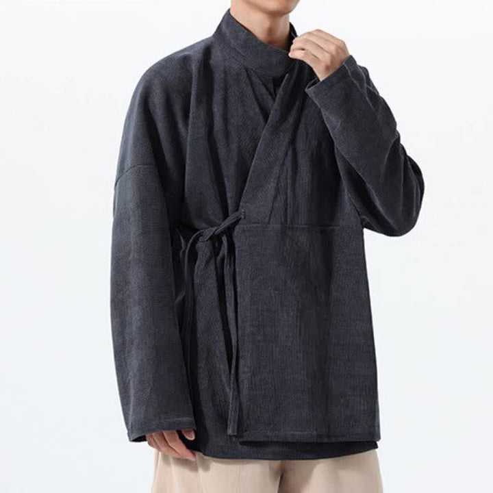 Buddha Stones Fall Winter Casual Tang Style Mandarin Collar Solid Men's Kimono With Pocket - image 8
