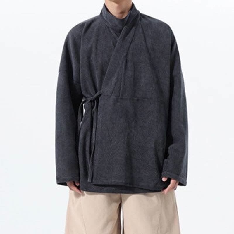 Buddha Stones Fall Winter Casual Tang Style Mandarin Collar Solid Men's Kimono With Pocket - image 13