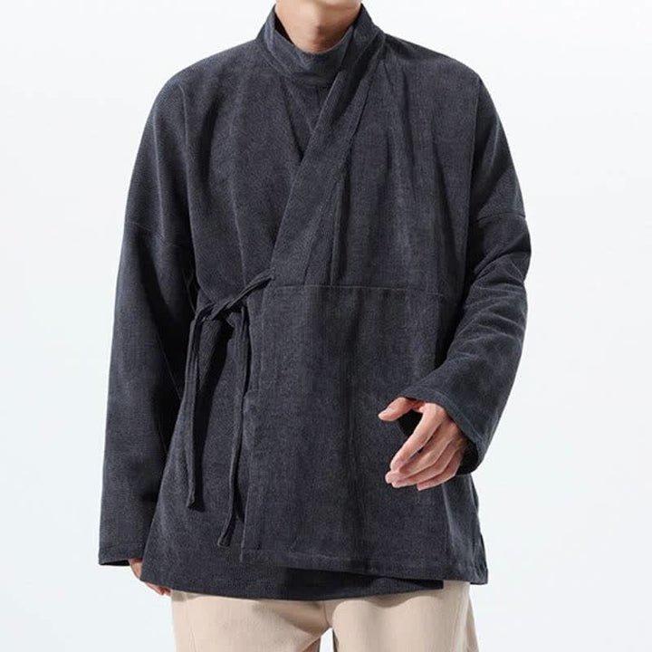 Buddha Stones Fall Winter Casual Tang Style Mandarin Collar Solid Men's Kimono With Pocket - image 11