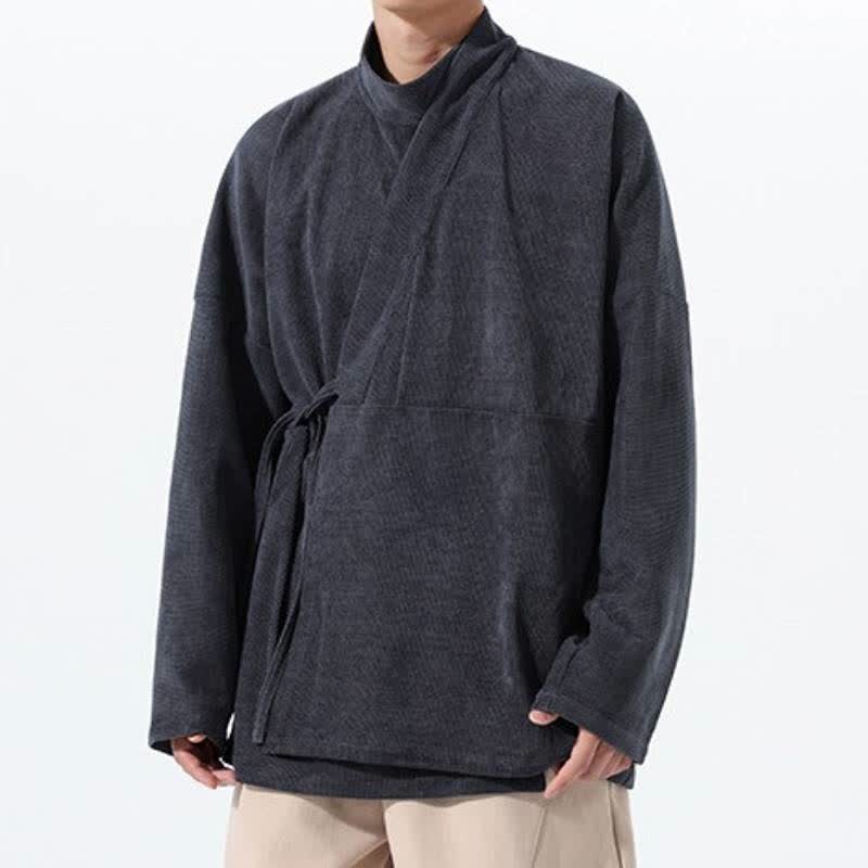 Buddha Stones Fall Winter Casual Tang Style Mandarin Collar Solid Men's Kimono With Pocket - image 9
