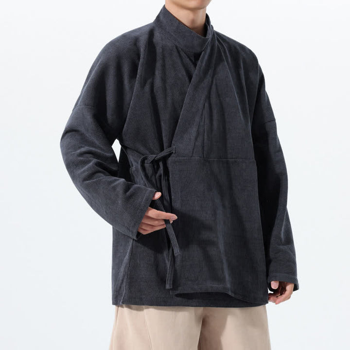 Buddha Stones Fall Winter Casual Tang Style Mandarin Collar Solid Men's Kimono With Pocket - image 12
