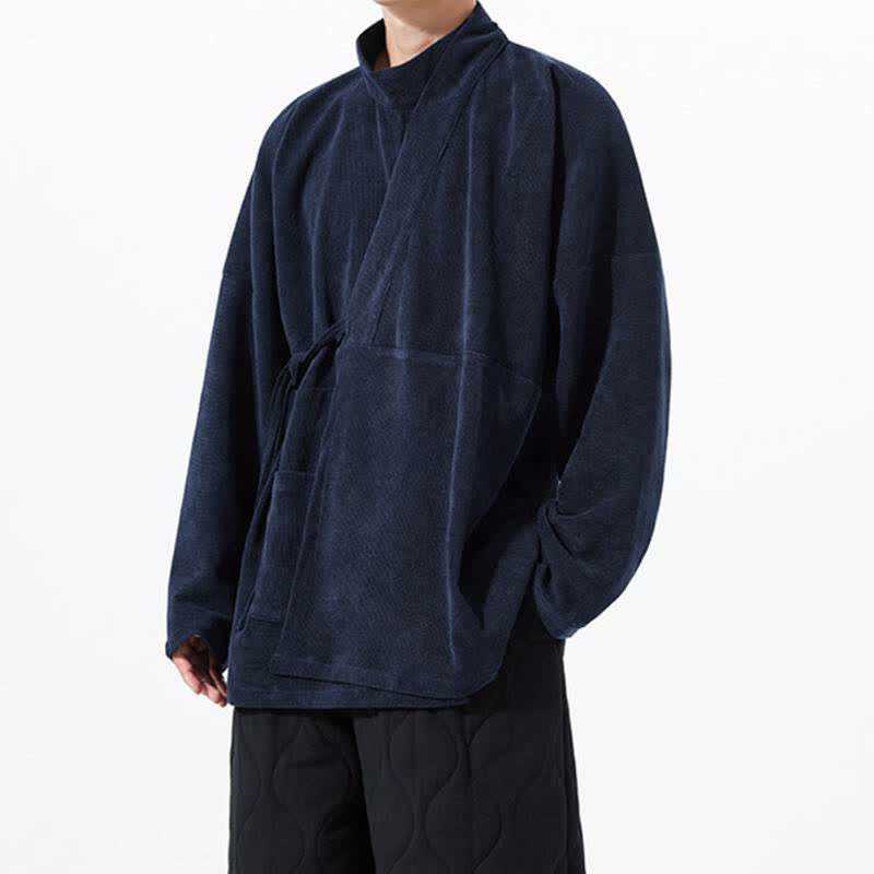 Buddha Stones Fall Winter Casual Tang Style Mandarin Collar Solid Men's Kimono With Pocket - image 20