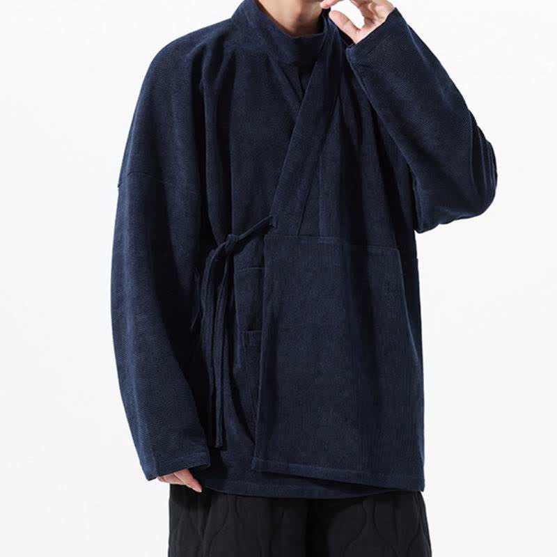 Buddha Stones Fall Winter Casual Tang Style Mandarin Collar Solid Men's Kimono With Pocket - image 17