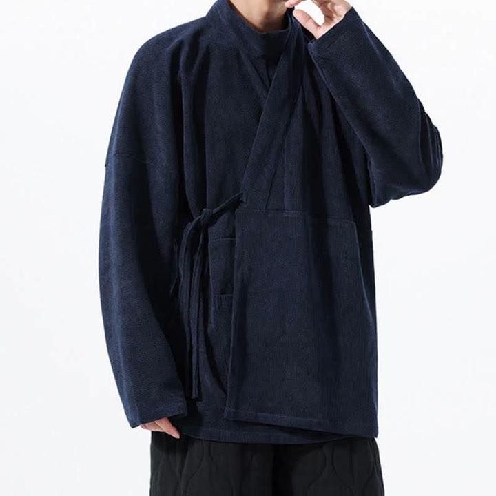 Buddha Stones Fall Winter Casual Tang Style Mandarin Collar Solid Men's Kimono With Pocket - image 17