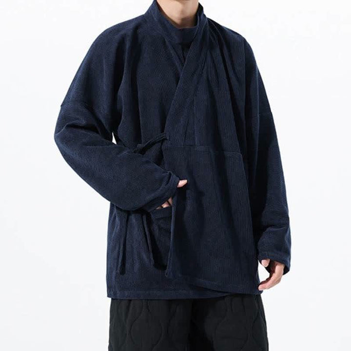 Buddha Stones Fall Winter Casual Tang Style Mandarin Collar Solid Men's Kimono With Pocket - image 19