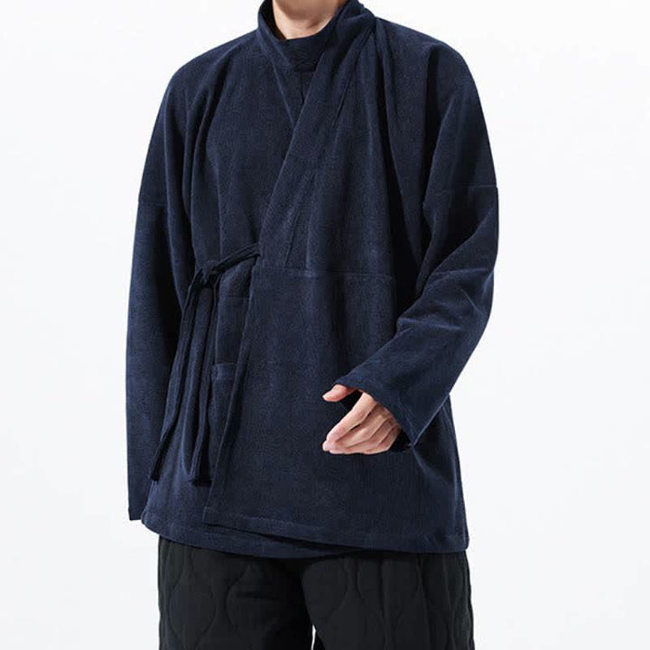 Buddha Stones Fall Winter Casual Tang Style Mandarin Collar Solid Men's Kimono With Pocket - image 18