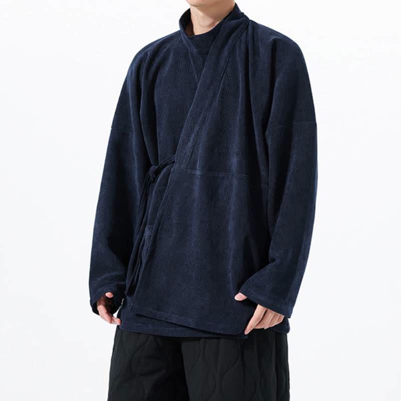 Buddha Stones Fall Winter Casual Tang Style Mandarin Collar Solid Men's Kimono With Pocket - image 16
