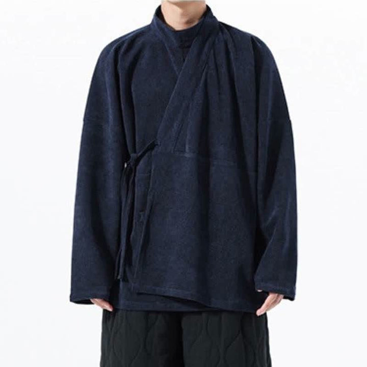 Buddha Stones Fall Winter Casual Tang Style Mandarin Collar Solid Men's Kimono With Pocket - image 21