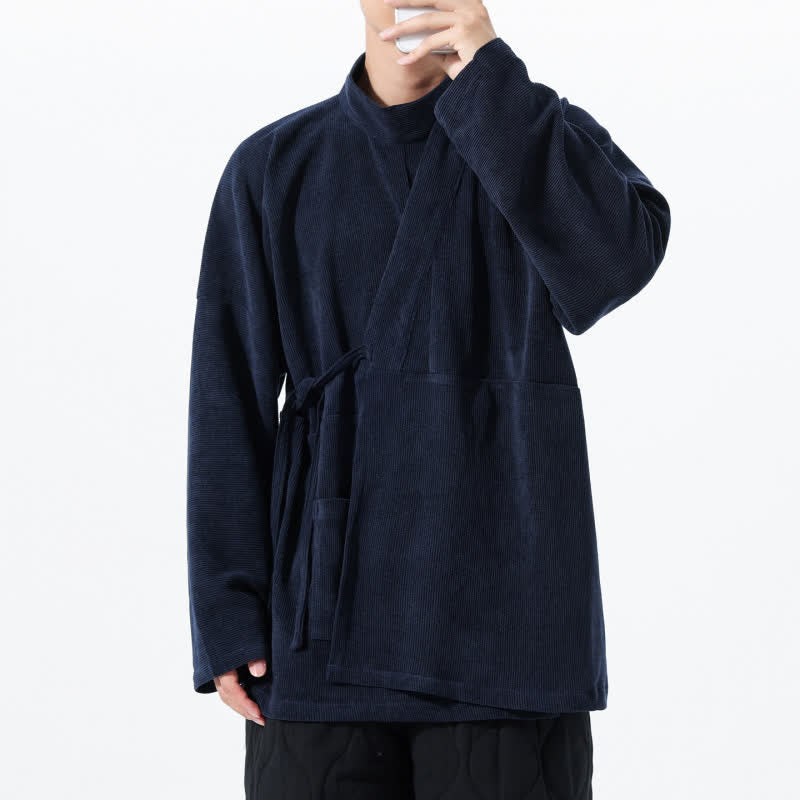 Buddha Stones Fall Winter Casual Tang Style Mandarin Collar Solid Men's Kimono With Pocket - image 22