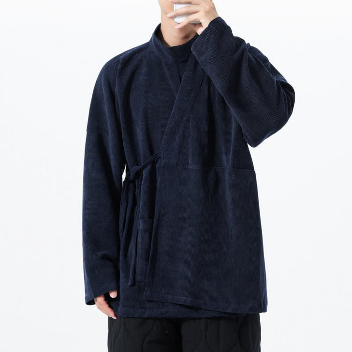 Buddha Stones Fall Winter Casual Tang Style Mandarin Collar Solid Men's Kimono With Pocket - image 22