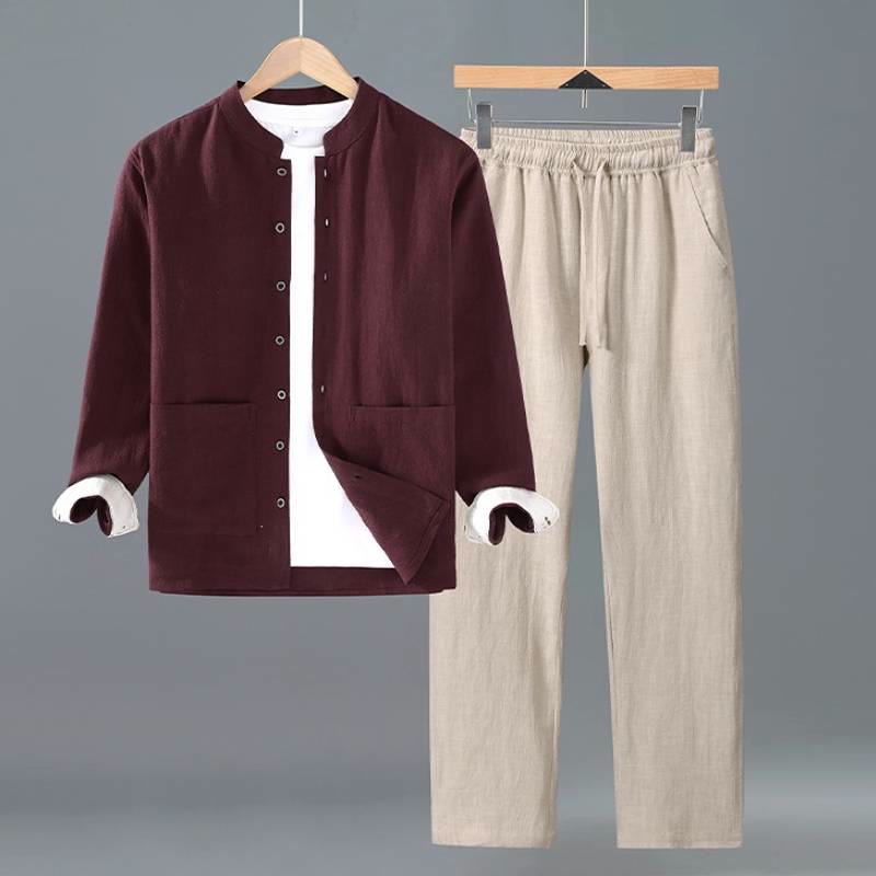 Buddha Stones Spring Fall Tang Style Minimalist Button-Up Solid Ramie Long Sleeve Shirt Pants Men's Meditation Cloth With Pockets - Maroon Shirt Beige Pants - US/UK/AU42，EU52 (3XL) - image 10