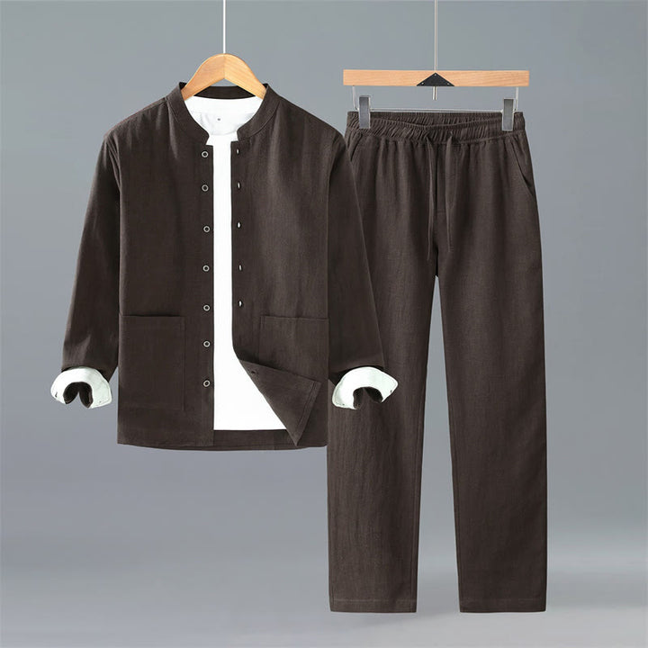 Buddha Stones Spring Fall Tang Style Minimalist Button-Up Solid Ramie Long Sleeve Shirt Pants Men's Meditation Cloth With Pockets - SaddleBrown Shirt Pants - US/UK/AU42，EU52 (3XL) - image 0