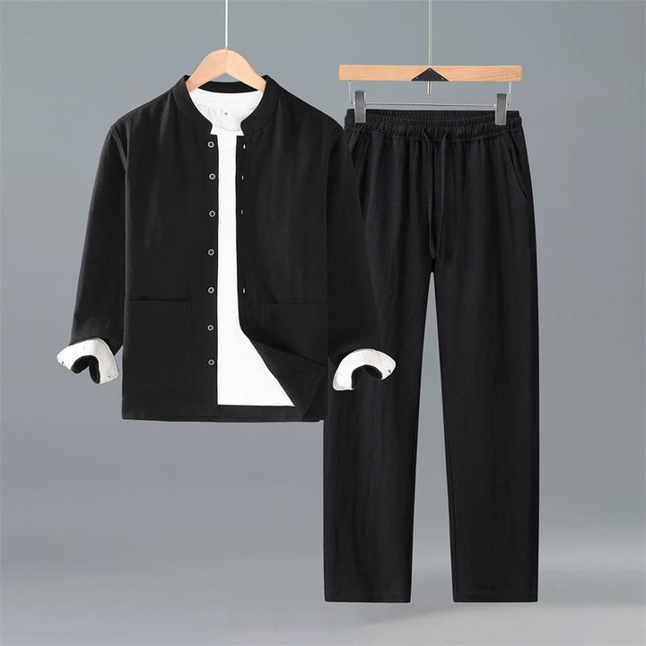 Buddha Stones Spring Fall Tang Style Minimalist Button-Up Solid Ramie Long Sleeve Shirt Pants Men's Meditation Cloth With Pockets - Black Shirt Pants - US/UK/AU42，EU52 (3XL) - image 9