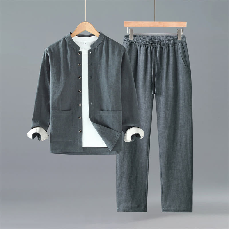 Buddha Stones Spring Fall Tang Style Minimalist Button-Up Solid Ramie Long Sleeve Shirt Pants Men's Meditation Cloth With Pockets - DimGray Shirt Pants - US/UK/AU42，EU52 (3XL) - image 12
