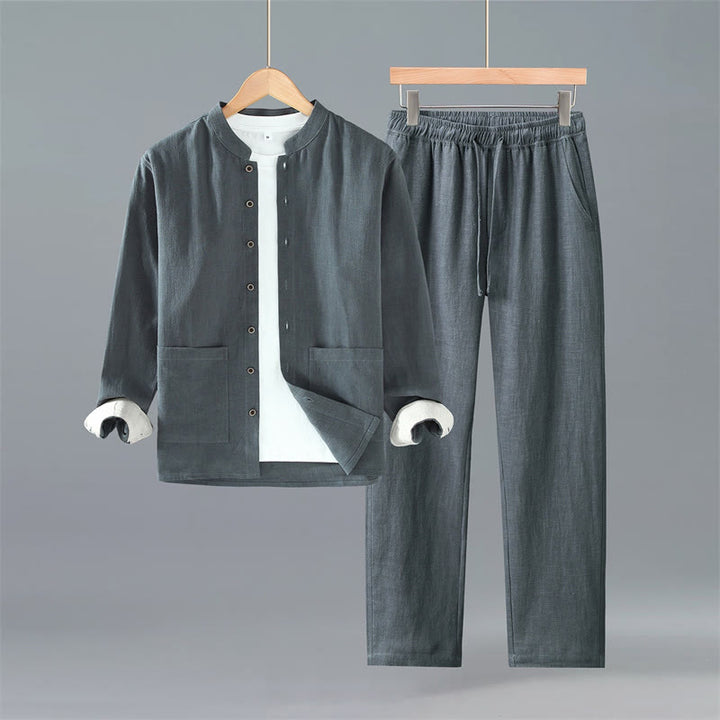Buddha Stones Spring Fall Tang Style Minimalist Button-Up Solid Ramie Long Sleeve Shirt Pants Men's Meditation Cloth With Pockets - DimGray Shirt Pants - US/UK/AU42，EU52 (3XL) - image 12
