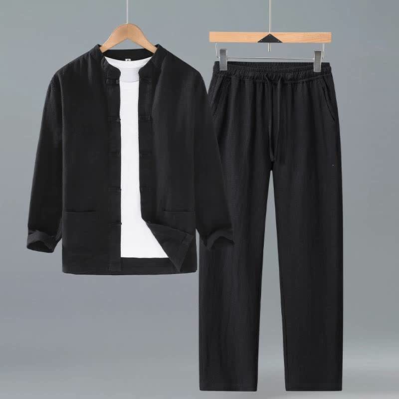 Buddha Stones Spring Fall Tang Style Mandarin Collar Solid Ramie Shirt Pants Men's Meditation Cloth With Pockets - Black - US/UK/AU42，EU52 (3XL) - image 9