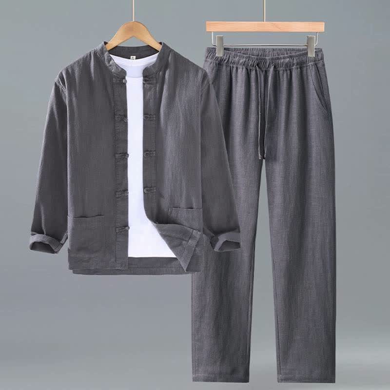 Buddha Stones Spring Fall Tang Style Mandarin Collar Solid Ramie Shirt Pants Men's Meditation Cloth With Pockets - DimGray - US/UK/AU42，EU52 (3XL) - image 10