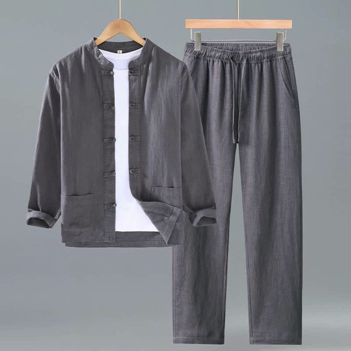 Buddha Stones Spring Fall Tang Style Mandarin Collar Solid Ramie Shirt Pants Men's Meditation Cloth With Pockets - DimGray - US/UK/AU42，EU52 (3XL) - image 10