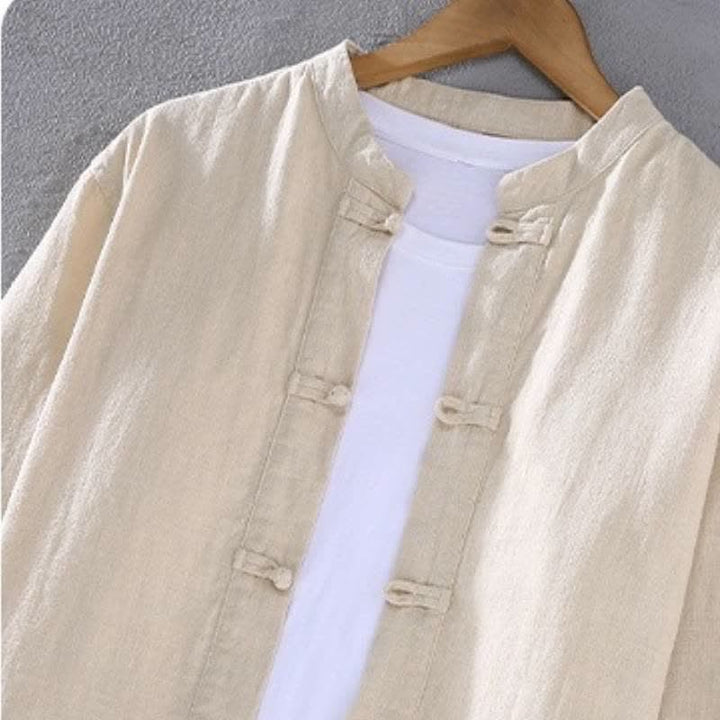 Buddha Stones Spring Fall Tang Style Mandarin Collar Solid Ramie Shirt Pants Men's Meditation Cloth With Pockets - image 1