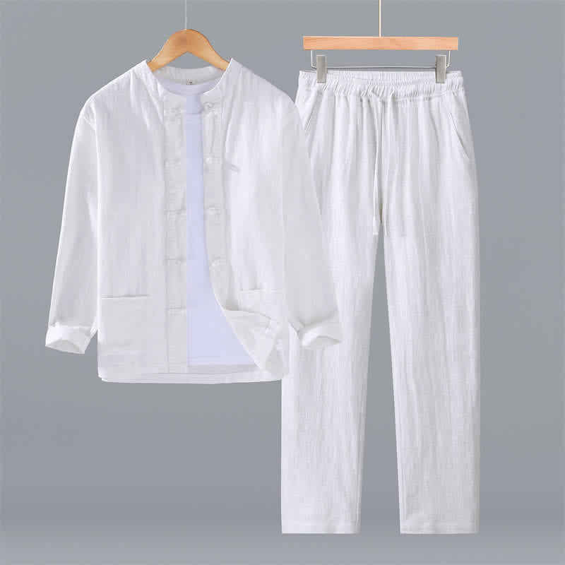 Buddha Stones Spring Fall Tang Style Mandarin Collar Solid Ramie Shirt Pants Men's Meditation Cloth With Pockets - White - US/UK/AU42，EU52 (3XL) - image 13