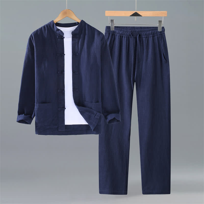 Buddha Stones Spring Fall Tang Style Mandarin Collar Solid Ramie Shirt Pants Men's Meditation Cloth With Pockets - Navy - US/UK/AU42，EU52 (3XL) - image 11
