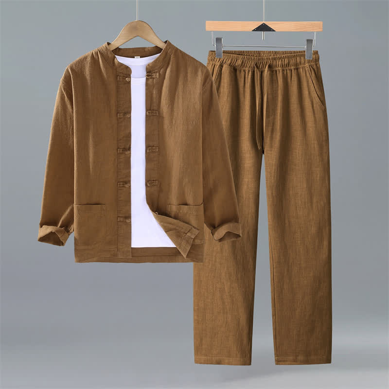 Buddha Stones Spring Fall Tang Style Mandarin Collar Solid Ramie Shirt Pants Men's Meditation Cloth With Pockets - Peru - US/UK/AU42，EU52 (3XL) - image 12