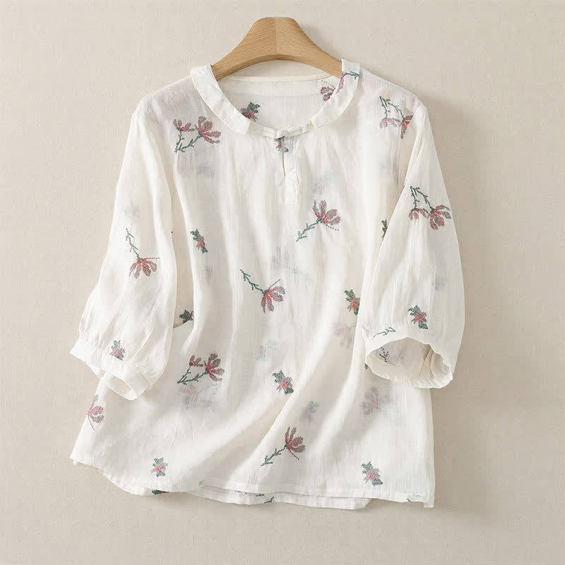 Buddha Stones Summer Casual Embroidery Floral Women's Short Sleeve Shirts - White - US12, UK/AU16, EU44 (2XL) - image 8