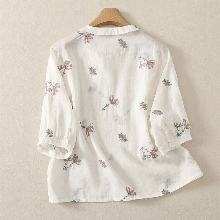 Buddha Stones Summer Casual Embroidery Floral Women's Short Sleeve Shirts - image 9