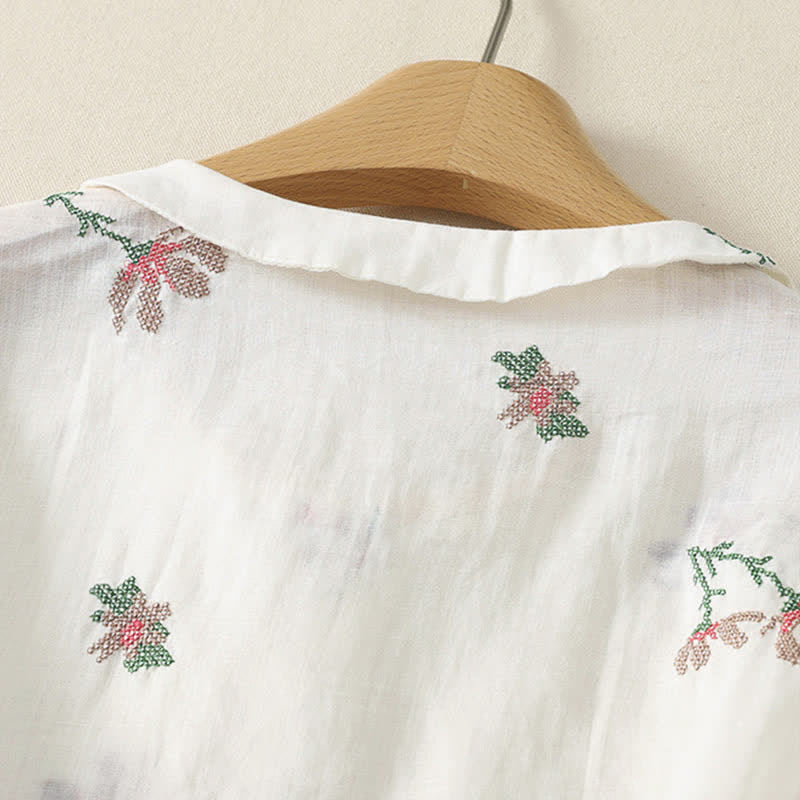 Buddha Stones Summer Casual Embroidery Floral Women's Short Sleeve Shirts - image 11