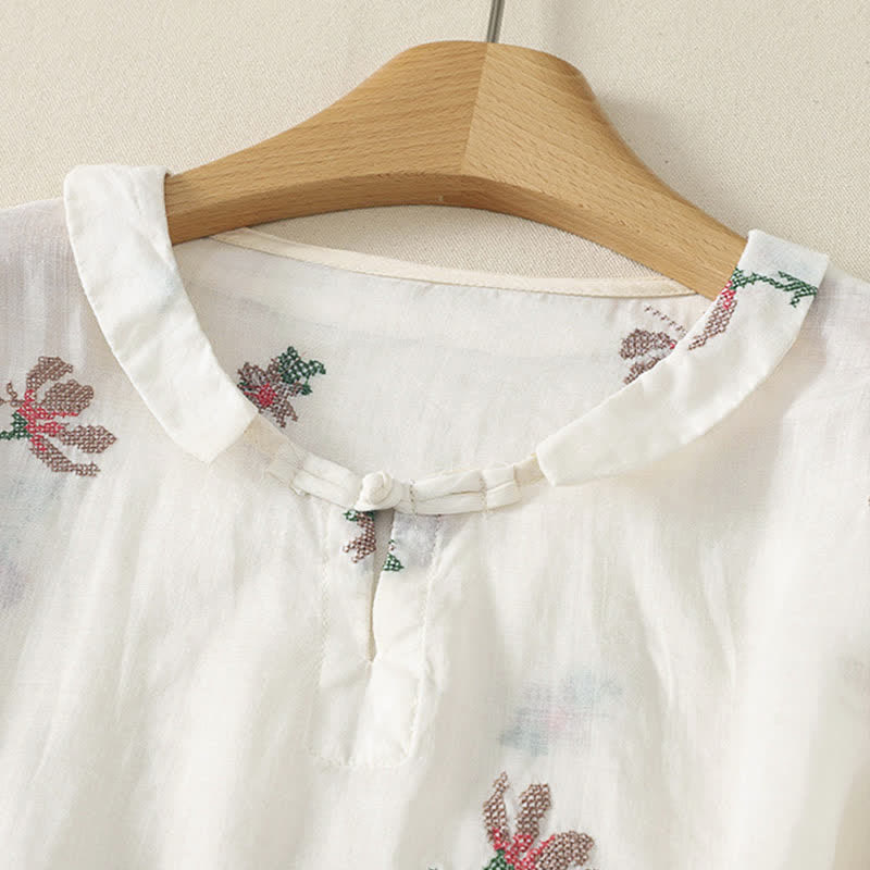 Buddha Stones Summer Casual Embroidery Floral Women's Short Sleeve Shirts - image 10
