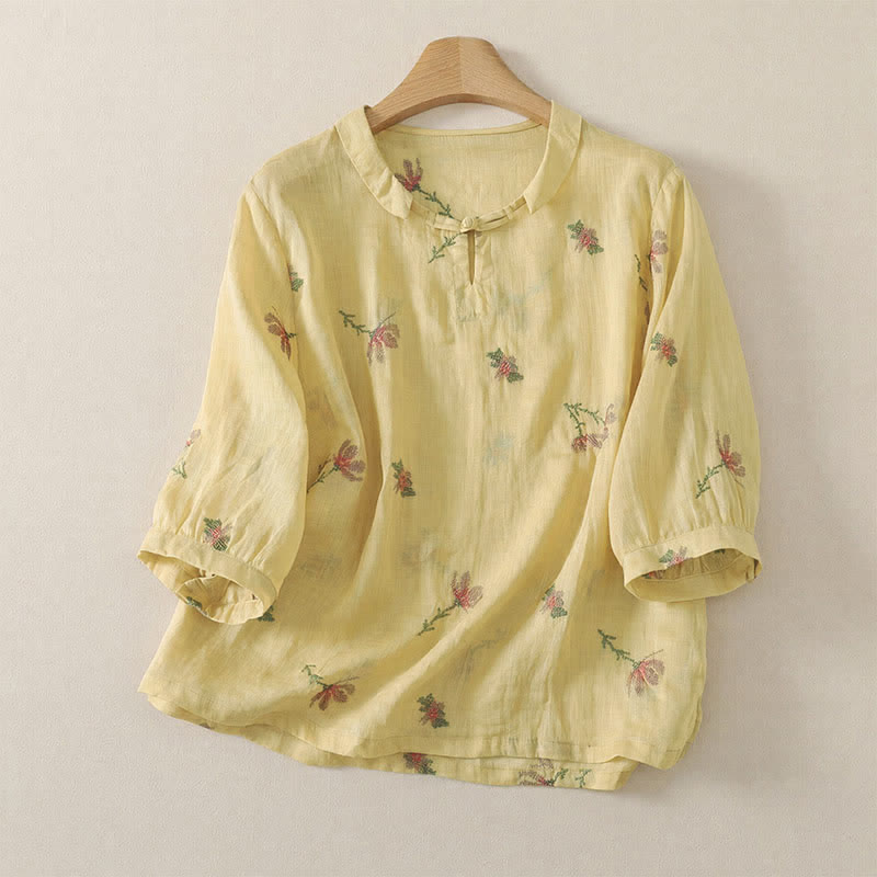 Buddha Stones Summer Casual Embroidery Floral Women's Short Sleeve Shirts - PaleGoldenrod - US12, UK/AU16, EU44 (2XL) - image 0