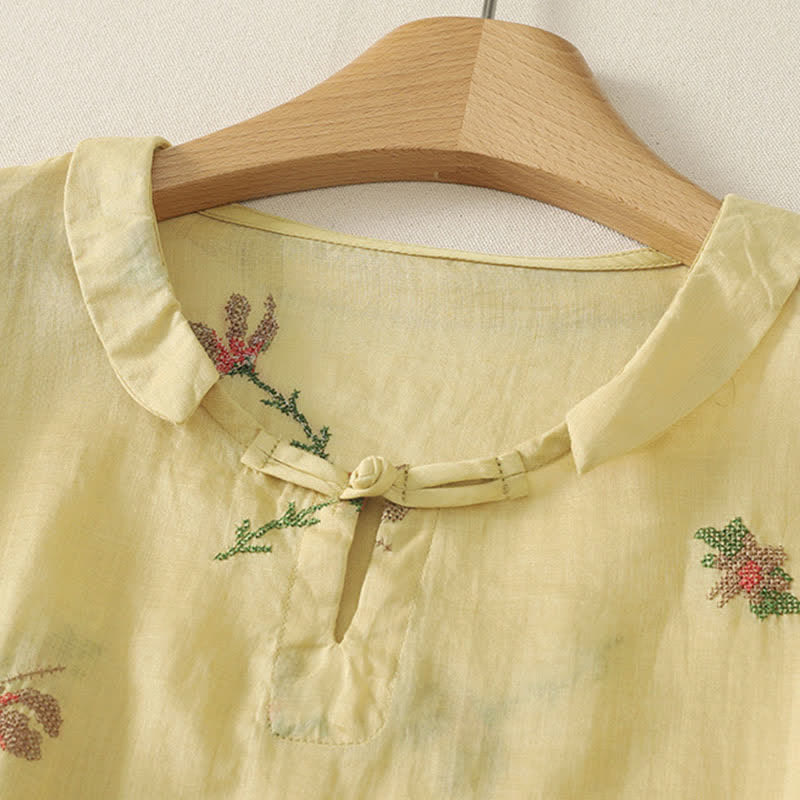 Buddha Stones Summer Casual Embroidery Floral Women's Short Sleeve Shirts - image 1