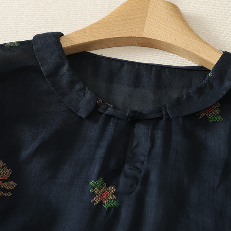 Buddha Stones Summer Casual Embroidery Floral Women's Short Sleeve Shirts - image 5