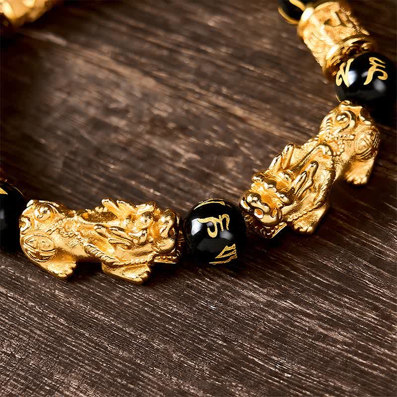 Buddha Stones Black Gold Pi Xiu Om Mani Padme Hum Wealth Round Bead Bracelet - image 9