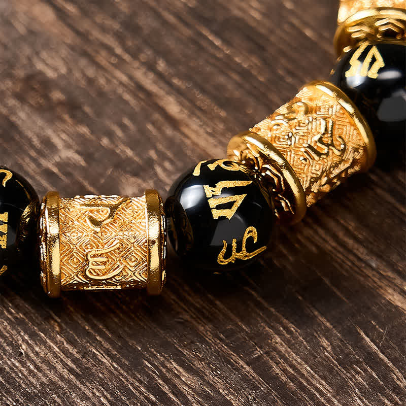 Buddha Stones Black Gold Pi Xiu Om Mani Padme Hum Wealth Round Bead Bracelet - image 10