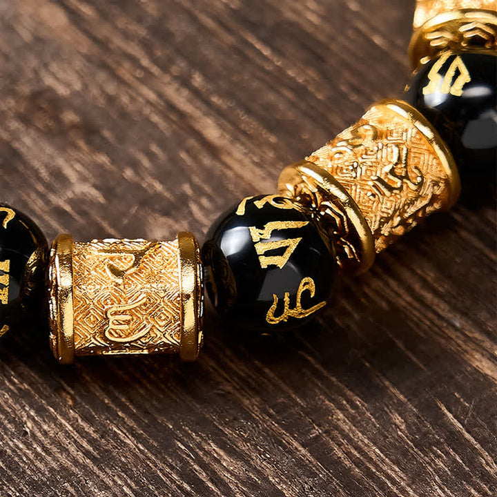 Buddha Stones Black Gold Pi Xiu Om Mani Padme Hum Wealth Round Bead Bracelet - image 10