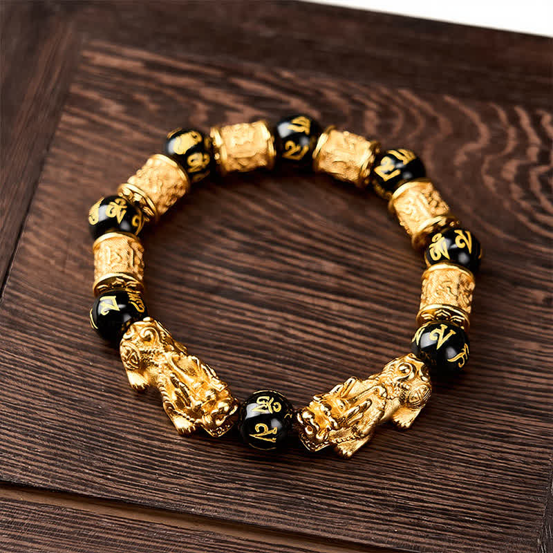Buddha Stones Black Gold Pi Xiu Om Mani Padme Hum Wealth Round Bead Bracelet - image 1