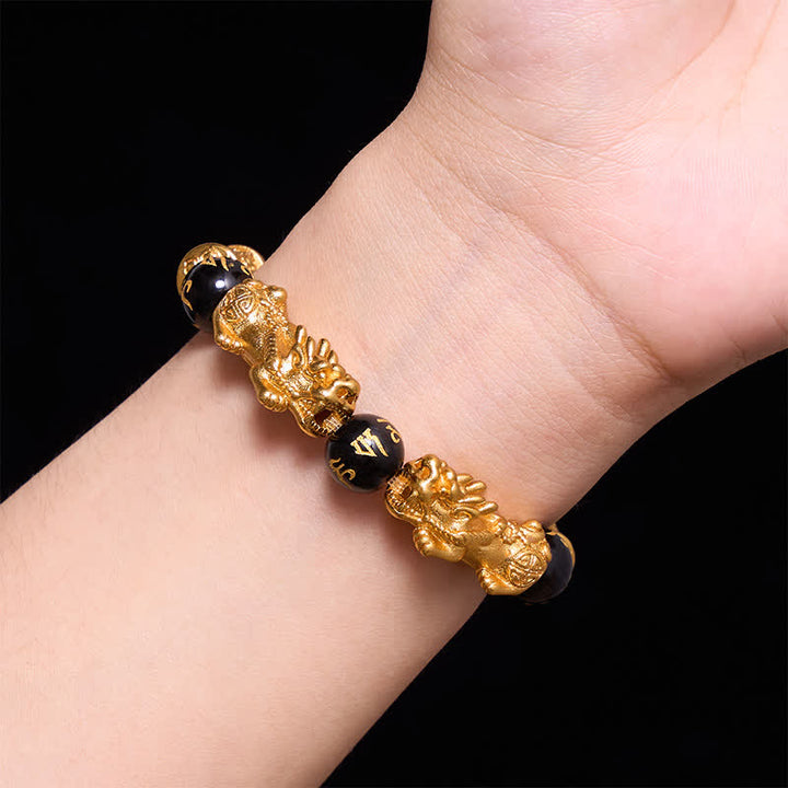 Buddha Stones Black Gold Pi Xiu Om Mani Padme Hum Wealth Round Bead Bracelet - image 4