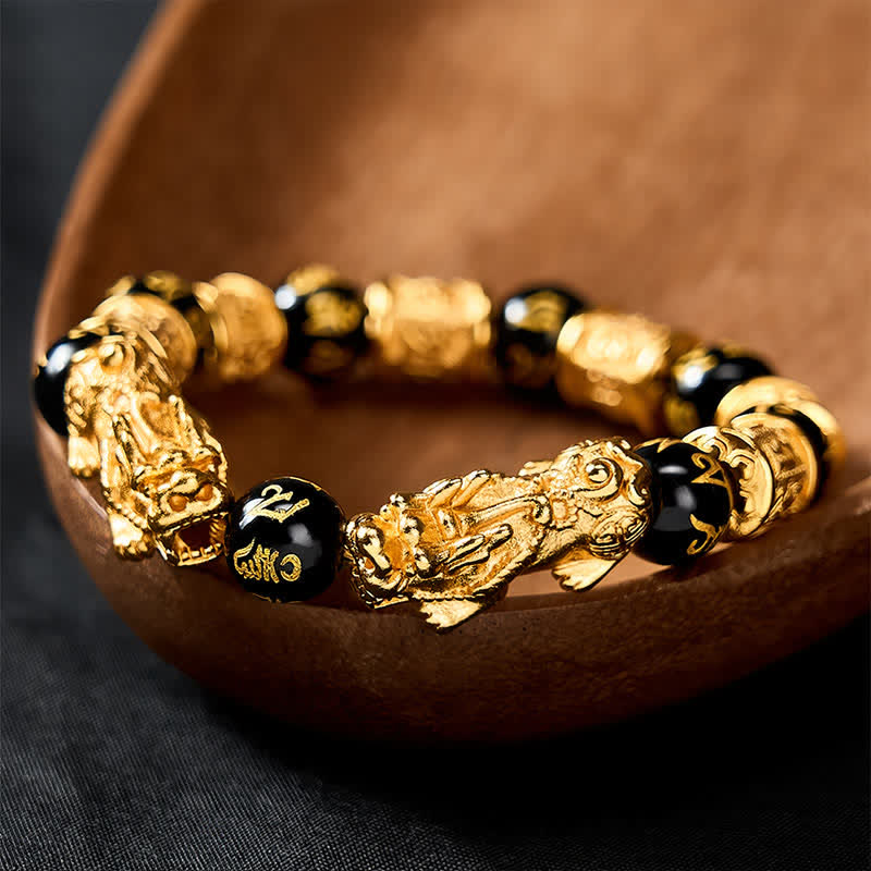Buddha Stones Black Gold Pi Xiu Om Mani Padme Hum Wealth Round Bead Bracelet - image 2