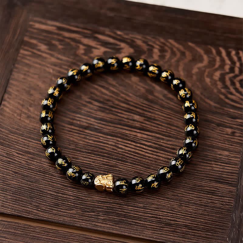 Buddha Stones Black Onyx Om Mani Padme Hum Bead Alloy Pi Xiu Strength Bracelet - image 1